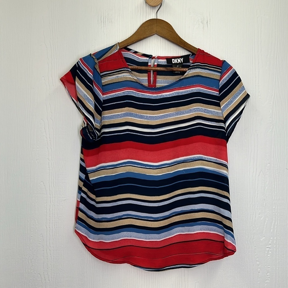DKNY - Colorful Striped Crewneck Split Flutter Short Sleeve Blouse Size P Xl - Picture 7 of 10